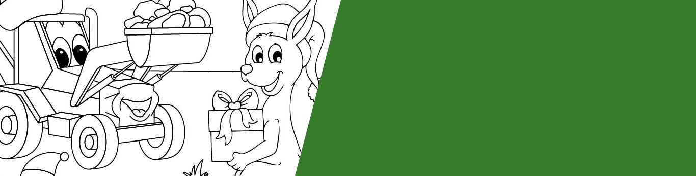 black and white picture of tractor and kangaroo colouring page