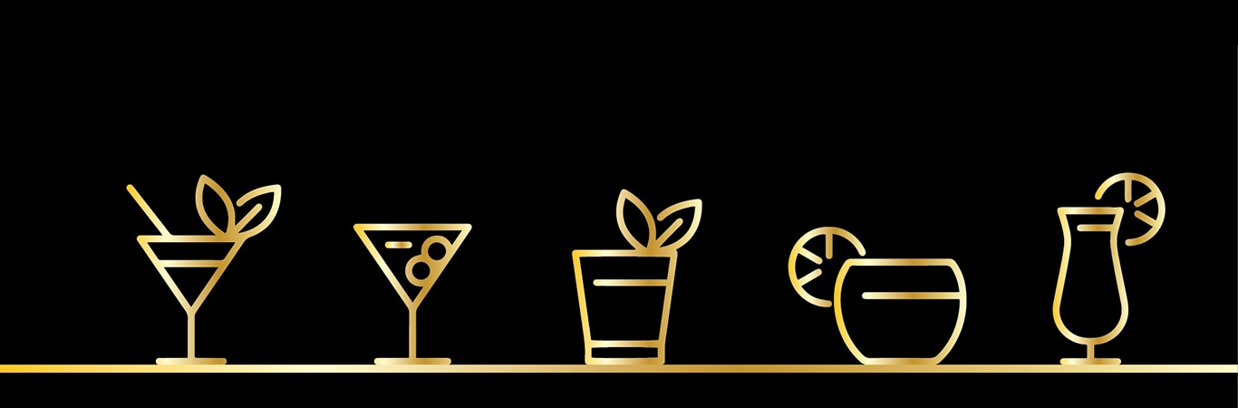 gold outlines of various cocktails on a black background