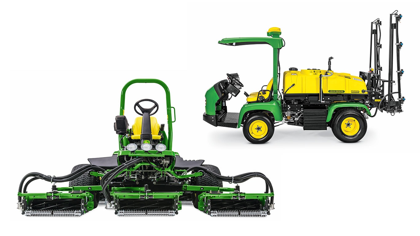 Two John Deere turf machines: a mower with a front cutting deck and a sprayer vehicle with a yellow tank and adjustable boom.