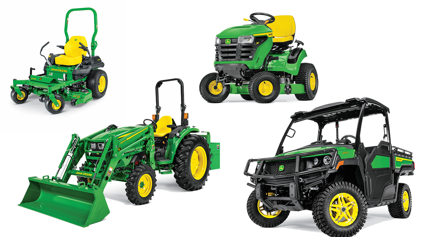 Two John&nbsp;Deere turf machines: a mower with a front cutting deck and a sprayer vehicle with a yellow tank and adjustable boom.