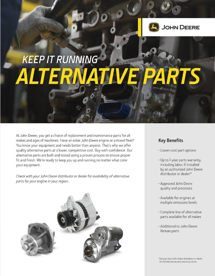 Cover page of online pdf for John Deere Alternative Parts with text and images of machined part