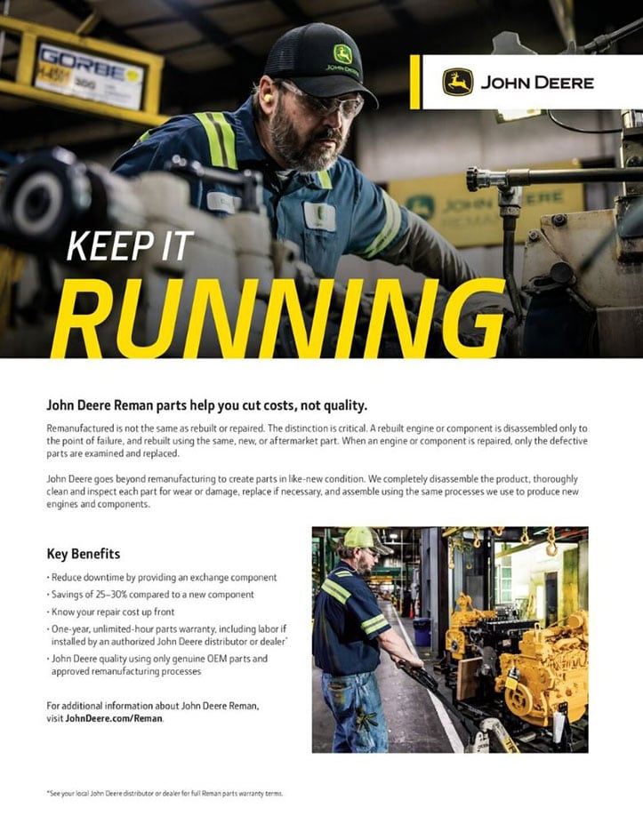 Cover page of online pdf for John Deere Reman with text and images of workers in the factory