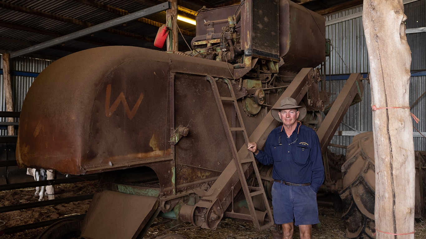 Bruce Kirkby with his John Deere No. 55 Combine Harvester