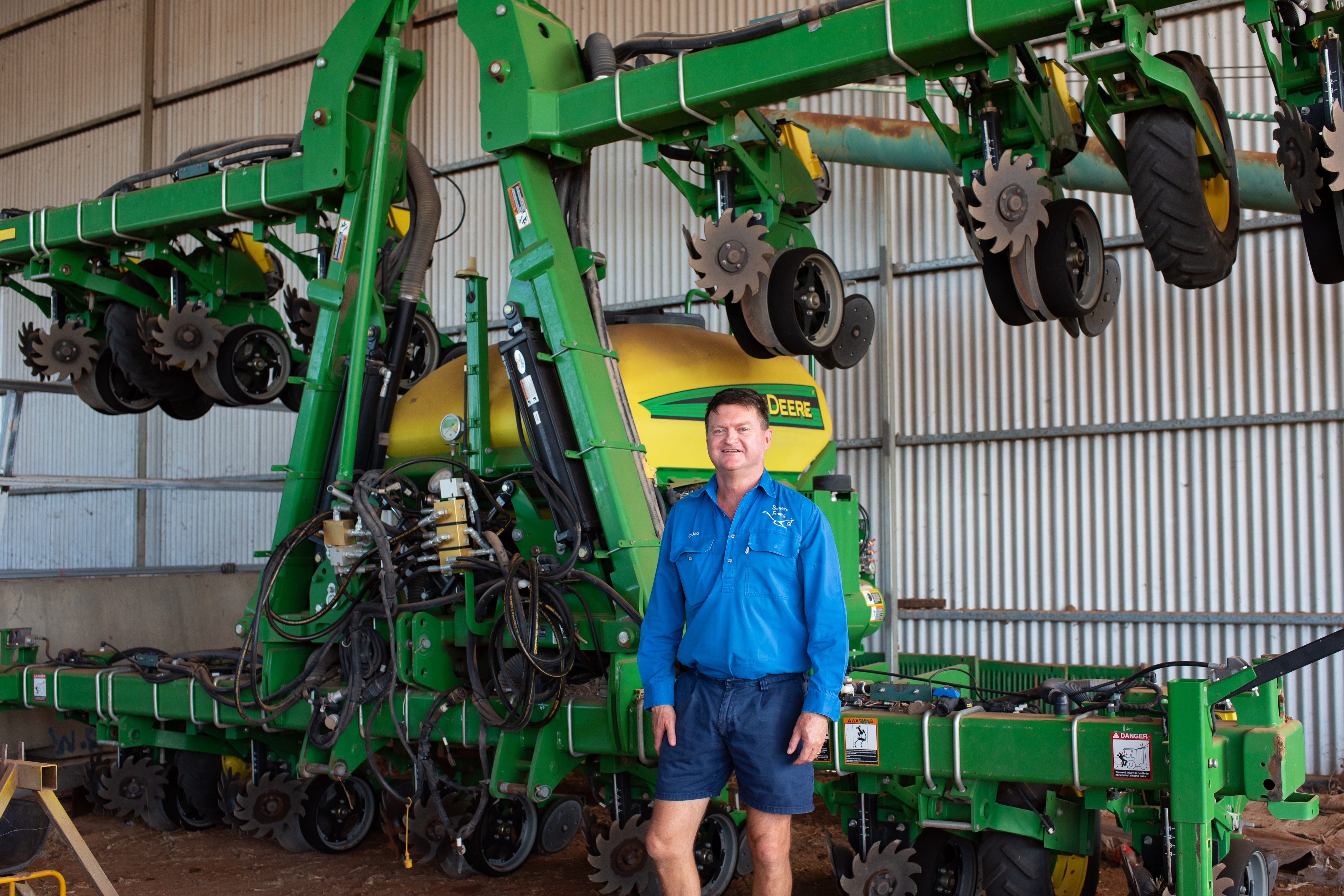 Craig Saunders, Saunders Farming Director with planter in shed