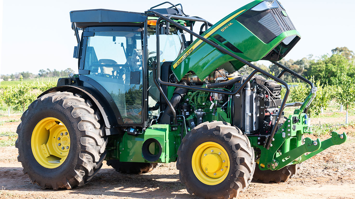 Deere 5130 ML tractor with engine hood lifted up for viewing