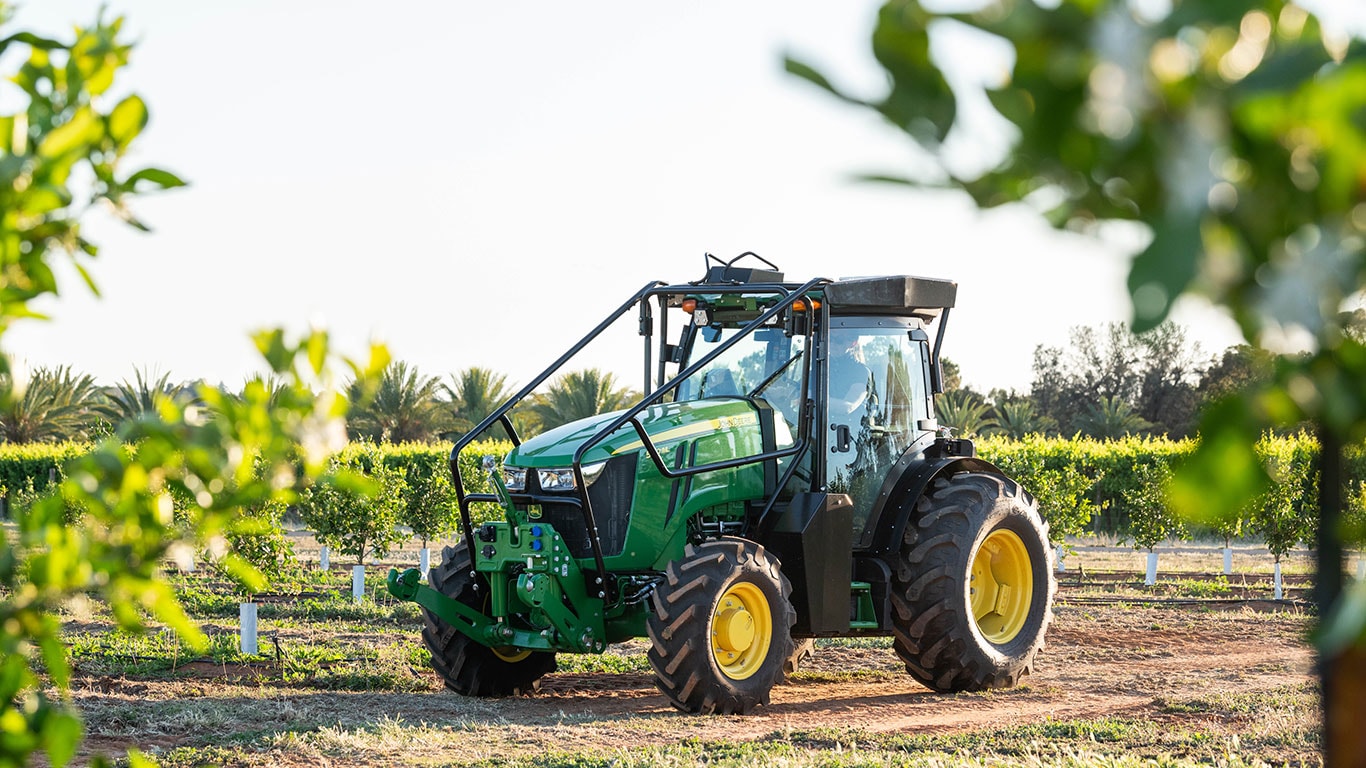 John Deere Australia's new 5ML tractor in an orchard.