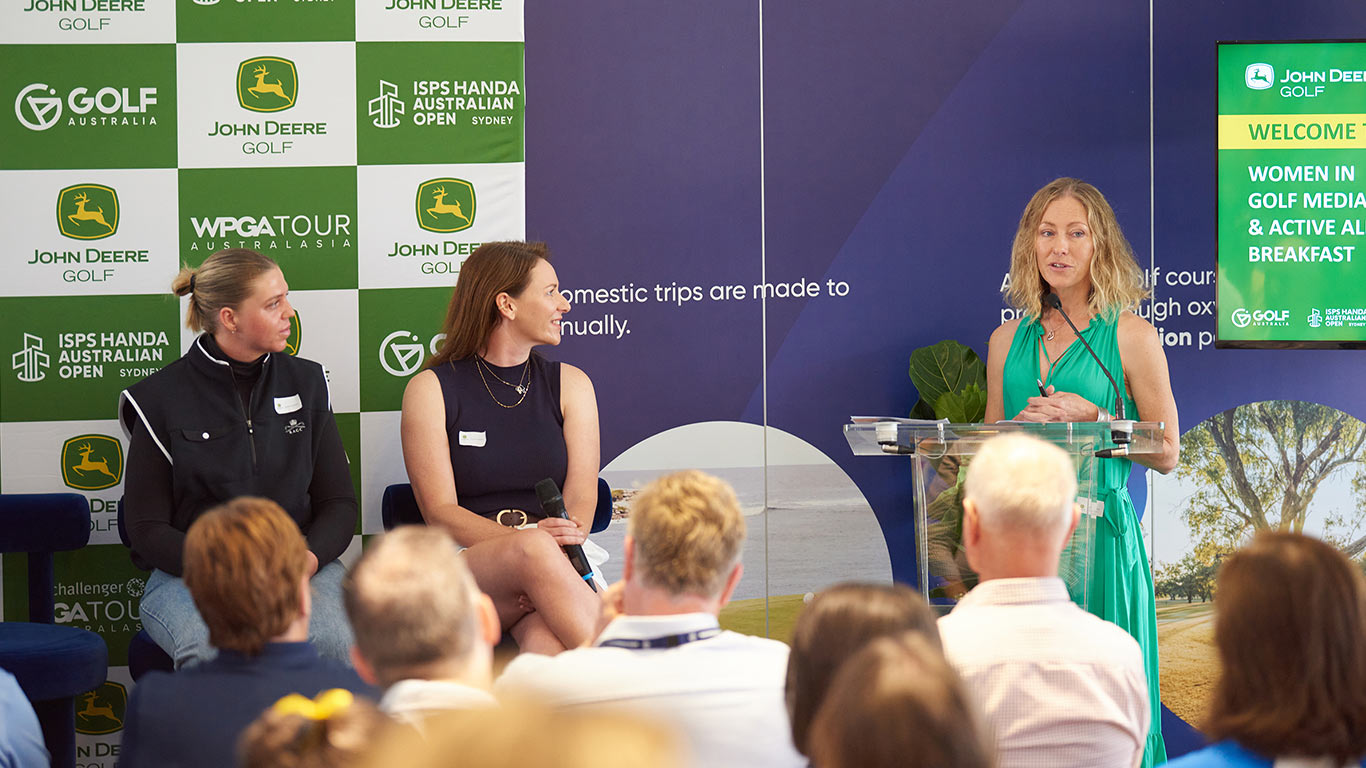 Sophie Hamdorf, Penny Deehan and Tiffany Cherry during the panel discussion with media wall behind them