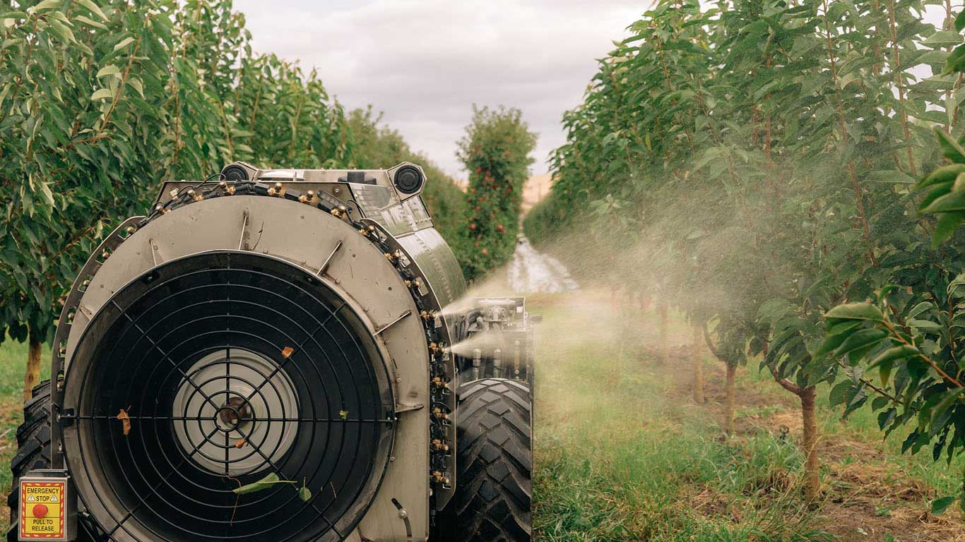 GUSS is a semi-autonomous spraying unit for orchards and vineyards.