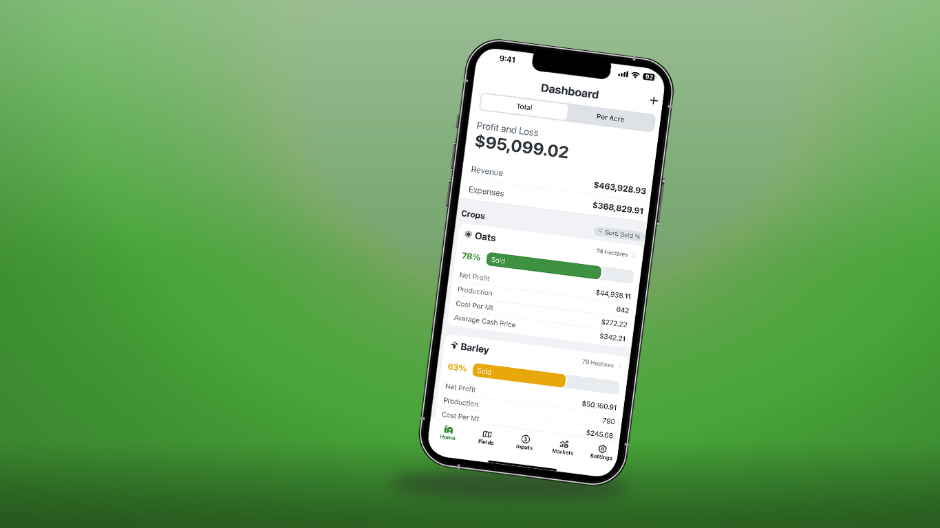 Phone screen shows Harvest Profit dashboard with crop profits, revenue, and expenses.