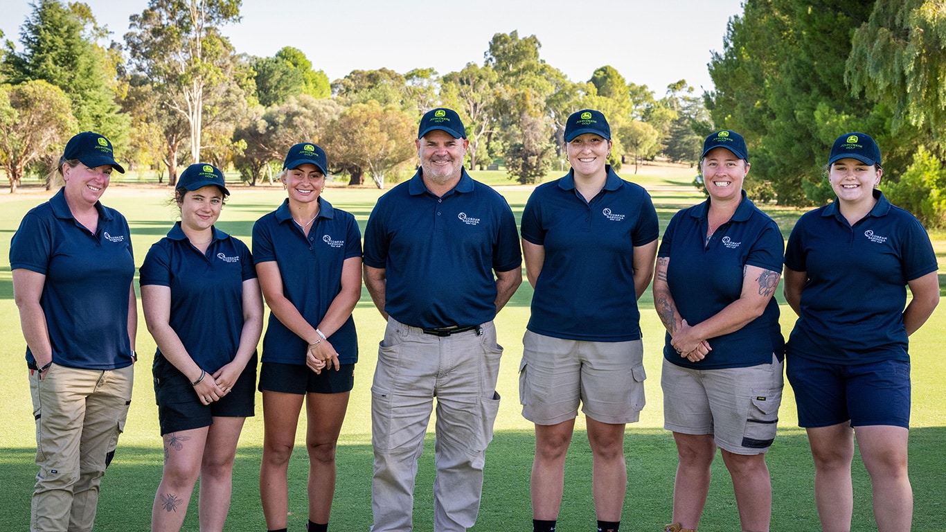 Group photo of Terry Vogel, with Volunteers (L-R) Vicki Liddington, Ella Arter, Emma Lewis, Abbey Taylor, Chrissy Wilson and Olivia Cowan.