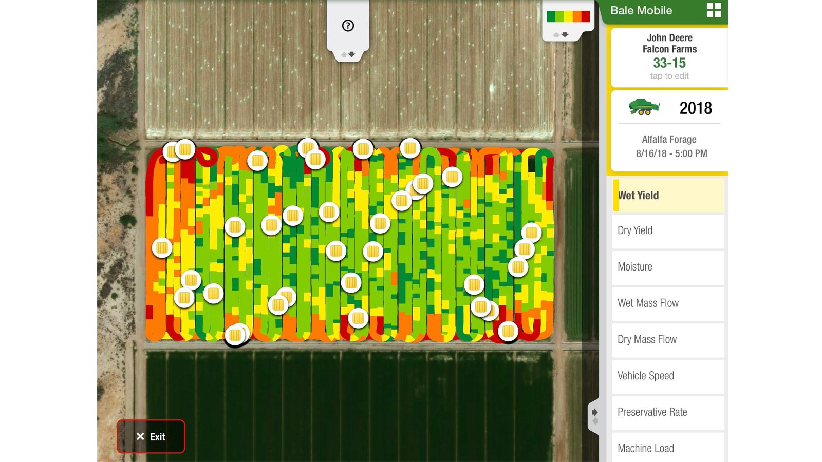 A screenshot of the Bale Mobile App showing fields and bale locations and app options