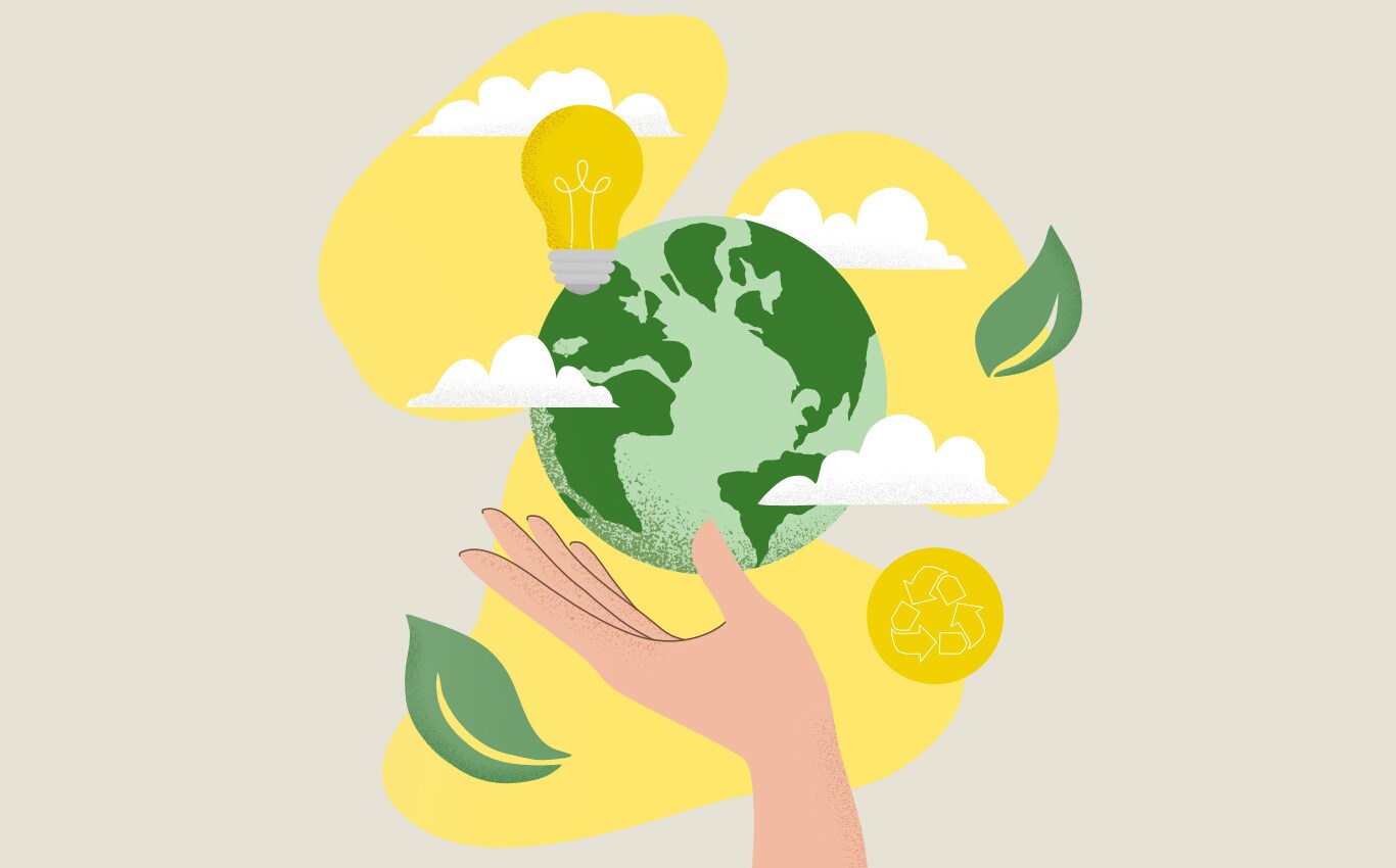The earth rests in the palm of an illustrated hand