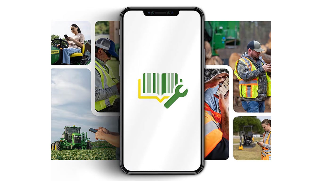 Smartphone showing barcode and wrench icon, surrounded by workers using mobile devices and equipment.