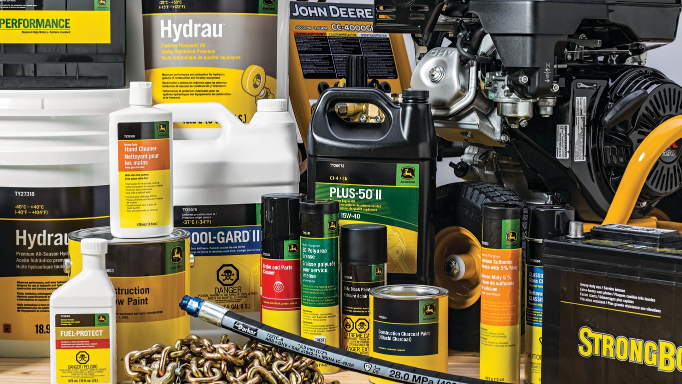 John Deere parts and maintenance kits for lawn care equipment.