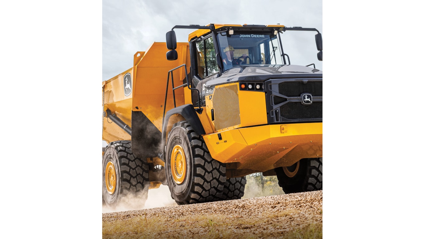 Close-up front view of the 410P Articulated Dump Truck.