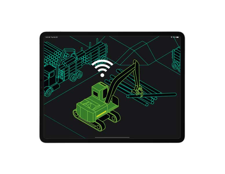 Tablet with line art of a forestry machine moving logs