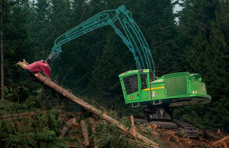 Tracked harvester with holographic boom arm holding a log