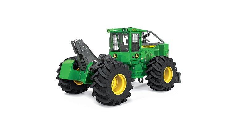 Green and yellow John Deere forestry skidder with large tires and rear grapple attachment.