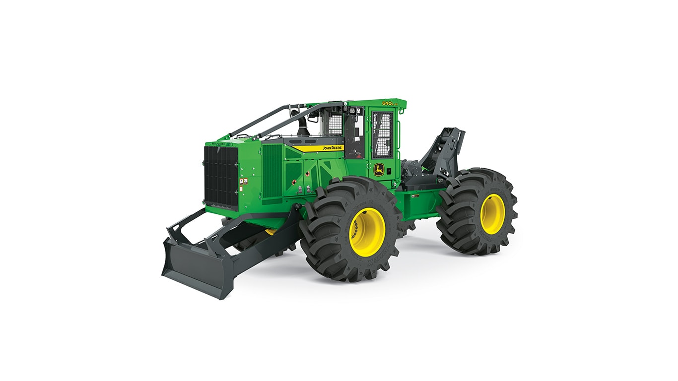 Green and yellow John Deere 640L-III Skidder with front blade and rear grapple.