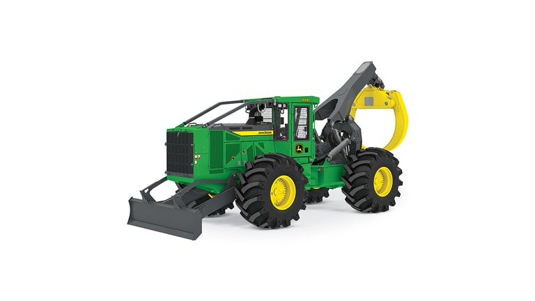 Green and yellow John Deere forestry skidder with large tires and grapple attachment.
