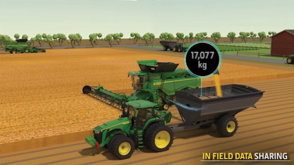 Combine and tractor rendering showing weight of grain bin