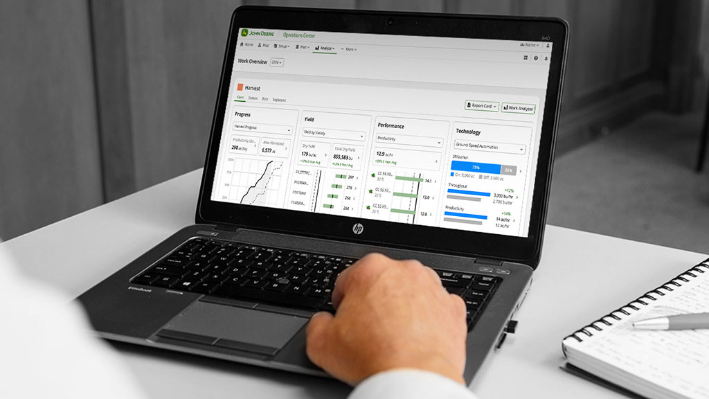 Laptop screen showing work overview in John&nbsp;Deere Operations Center.