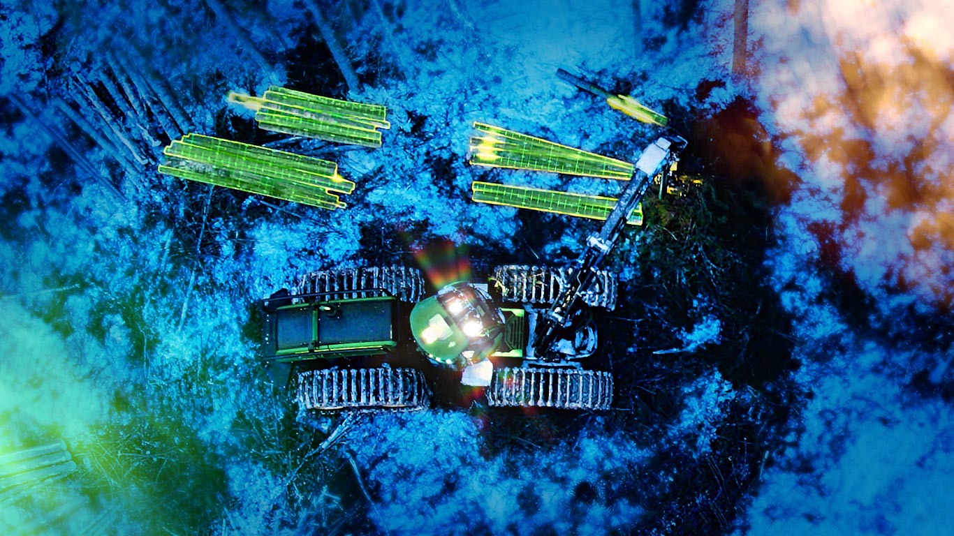 John Deere harvester and trees