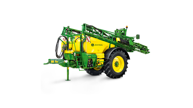 front left view studio image of a green and yellow sprayer facing