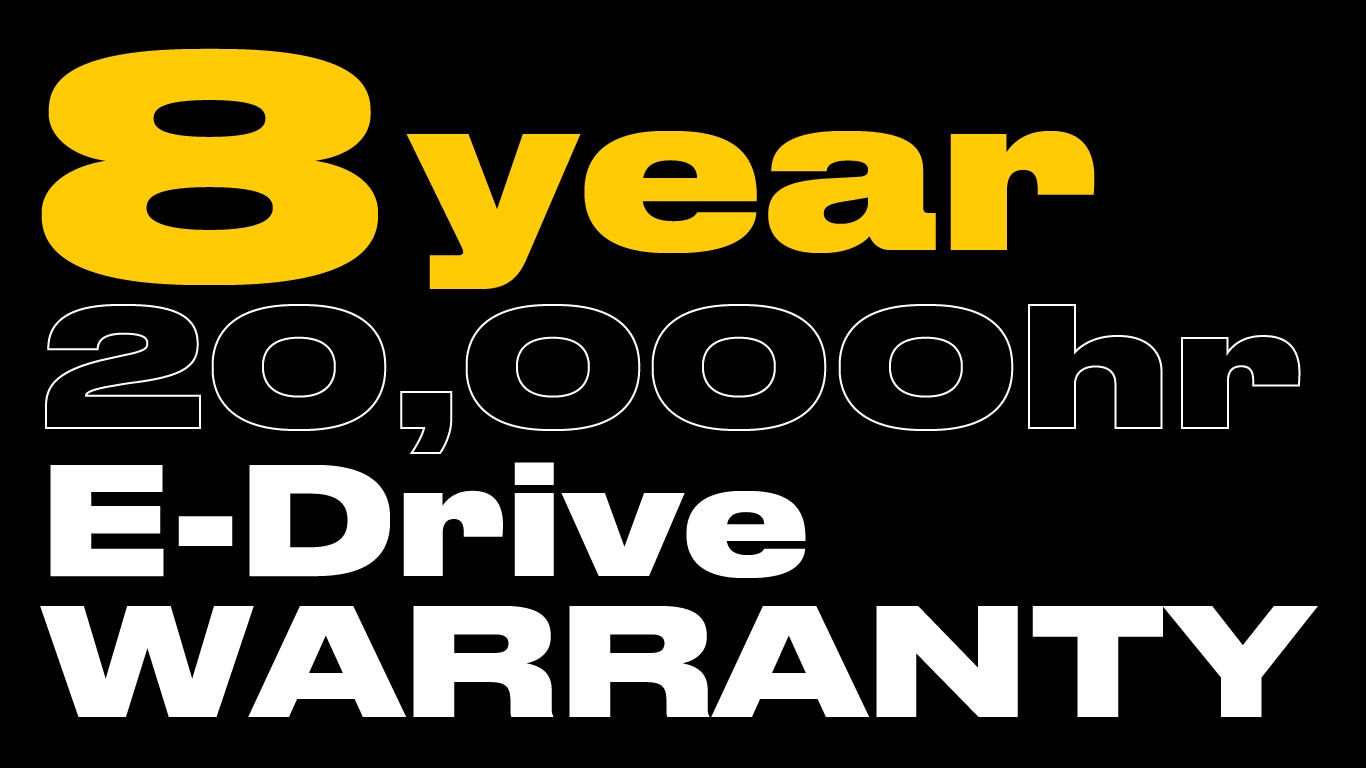 text graphic reading "8 year 20,000 hr E-Drive Warranty"