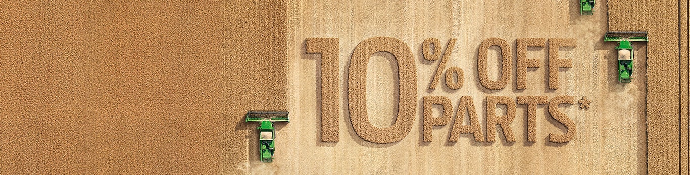 Graphically generated image of harvesters that carved '10% Off Parts' into wheat field; asterisk denotes terms apply.