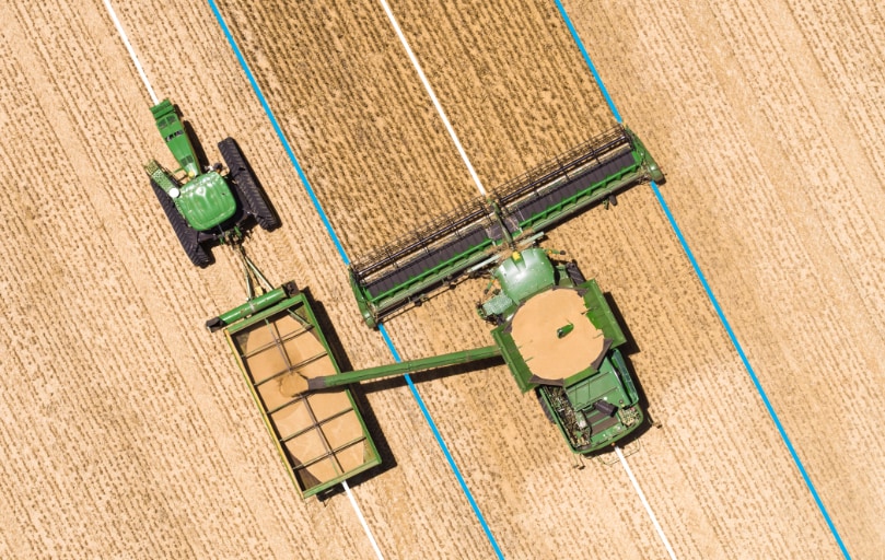 combine harvester from above drone shot