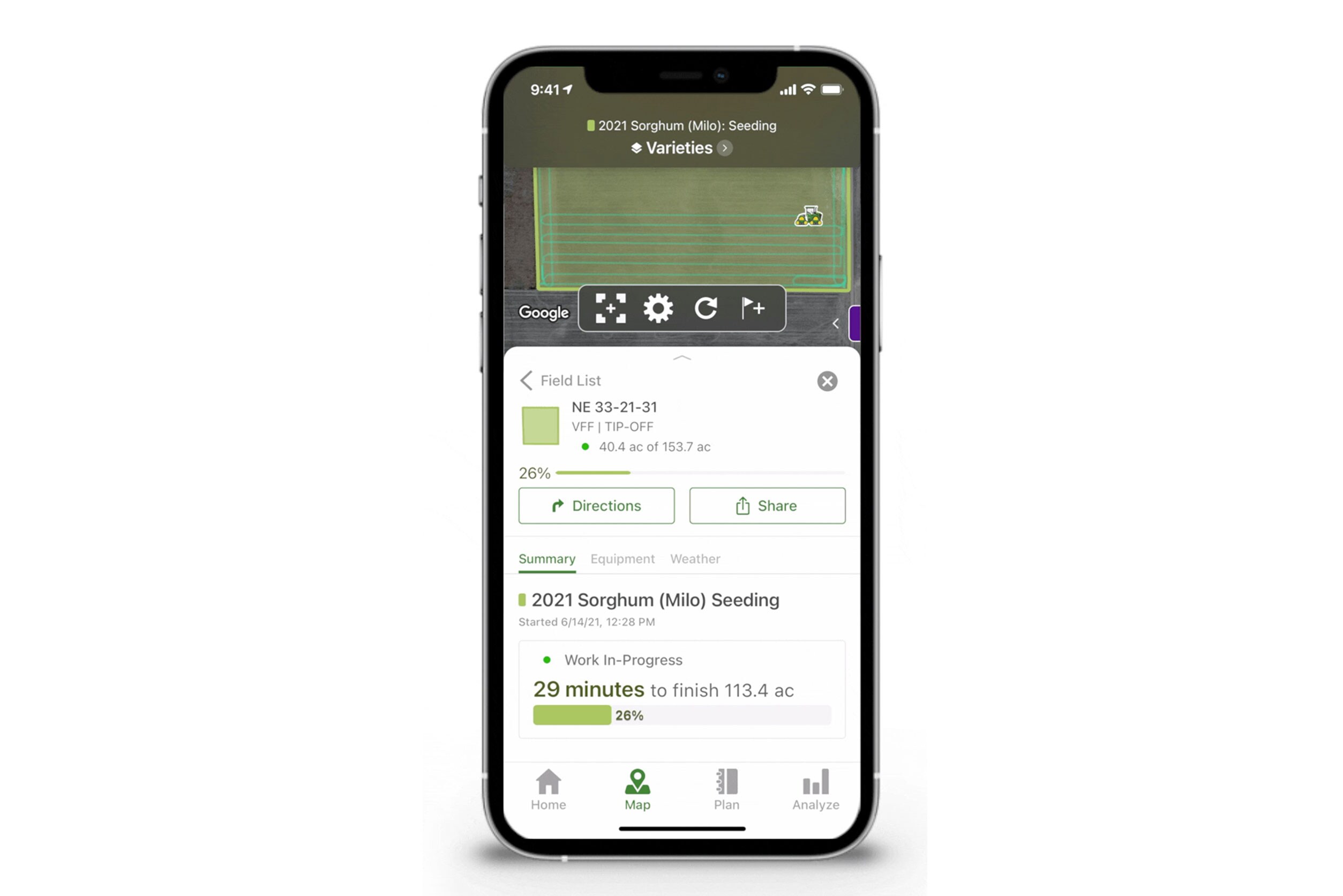 Mobile phone showing new John&nbsp;Deere Operations Center functionality, Estimated Time Remaining.