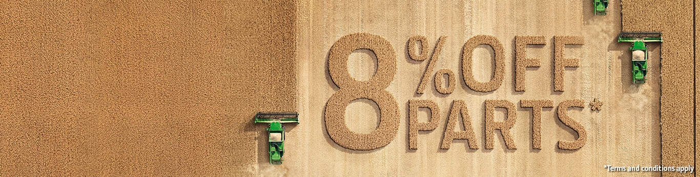 8% off parts with an overhead image of combines working in a field.