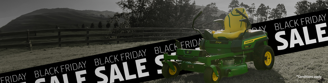Ztrak mower against a faded background with Black Friday Sale written multiple times across a banner.