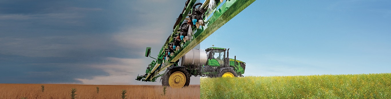 Sprayer out in the field with the crop half brown and the other green.