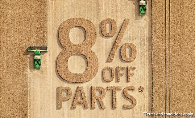 8% off parts with an overhead image of combines working in a field.