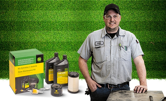 Technician standing next to aftermarket products against a grass background