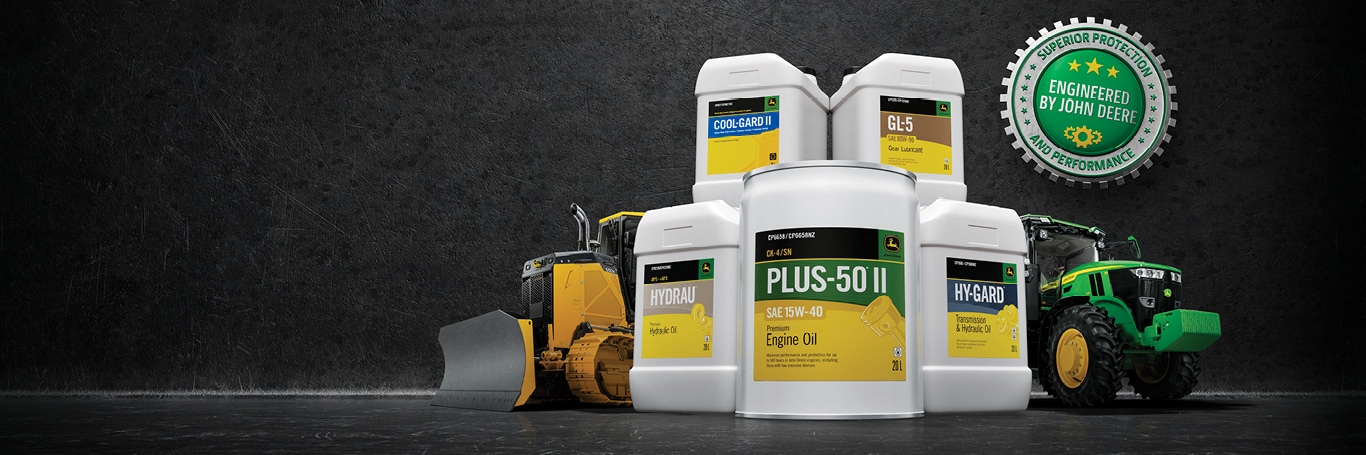 image of John Deere lubricants range, equipment and badge saying engineered by John Deere