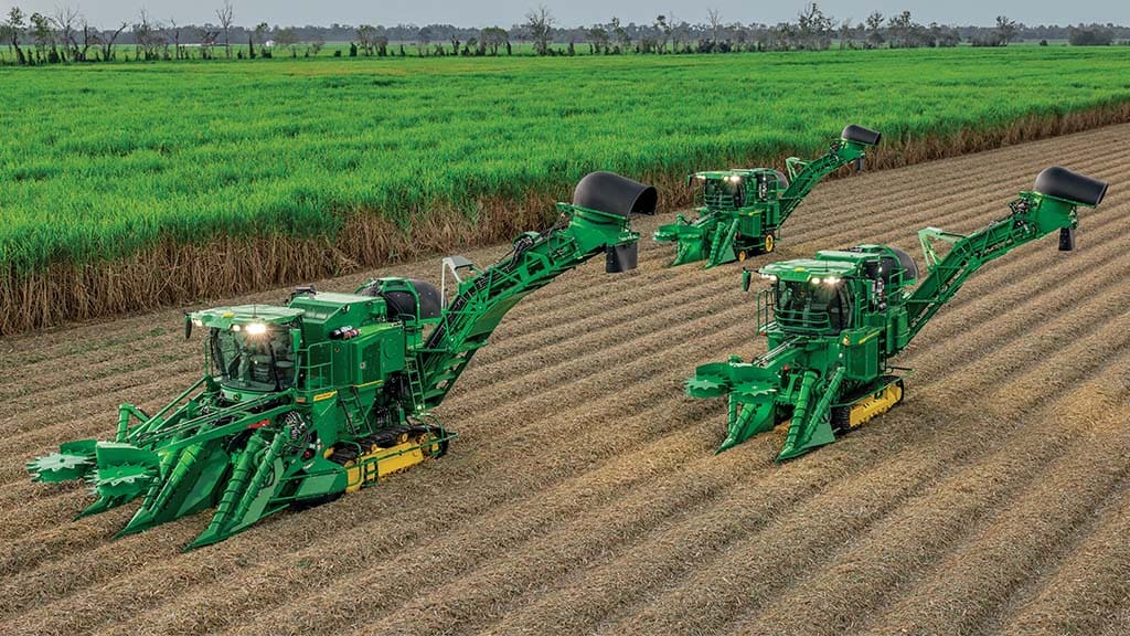 Wide-angle photo of three John&nbsp;Deere CH Series Sugar Harvesters at work in a sugar cane field.