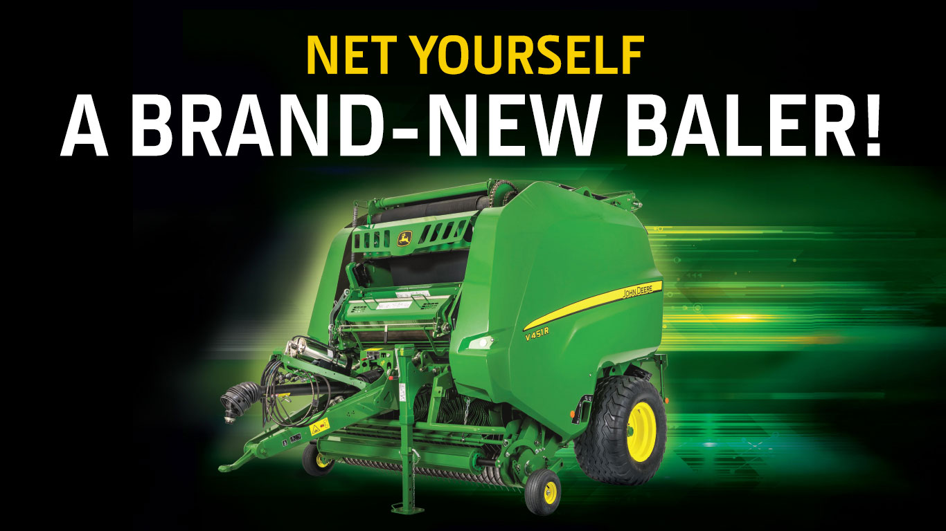 A stylized image of a V451R Variable Chamber round baler with green flares at the back suggesting that it's zooming into the picture at speed. The headline reads "Net Yourself A Brand-New Baler!"