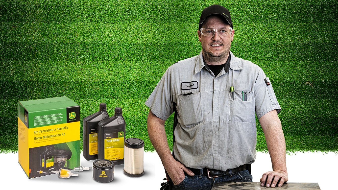 Man standing behind grass background with Home Maintanence Kit & Turf Gard in front of him