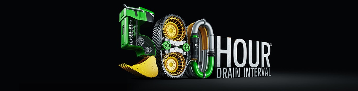 A 3D built number '500' using John&nbsp;Deere parts and pieces: the number 5 using machine parts and a bucket, a wheel in the shape of the number 0 and internal engine piping in the shape of a 0. This is next to the words 'HOUR DRAIN INTERVAL' to make the words 500 HOUR DRAIN INTERVAL