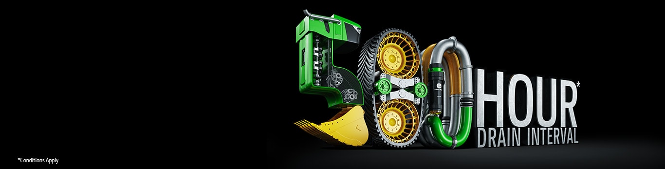 Graphic showing 500-hour engine oil drain interval with machinery components