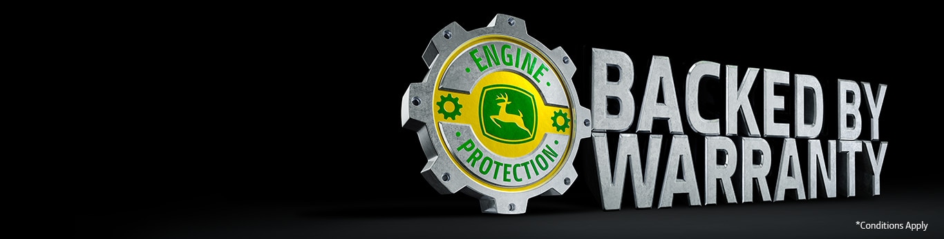 John Deere Engine Protection emblem with Backed by Warranty promotional graphic.