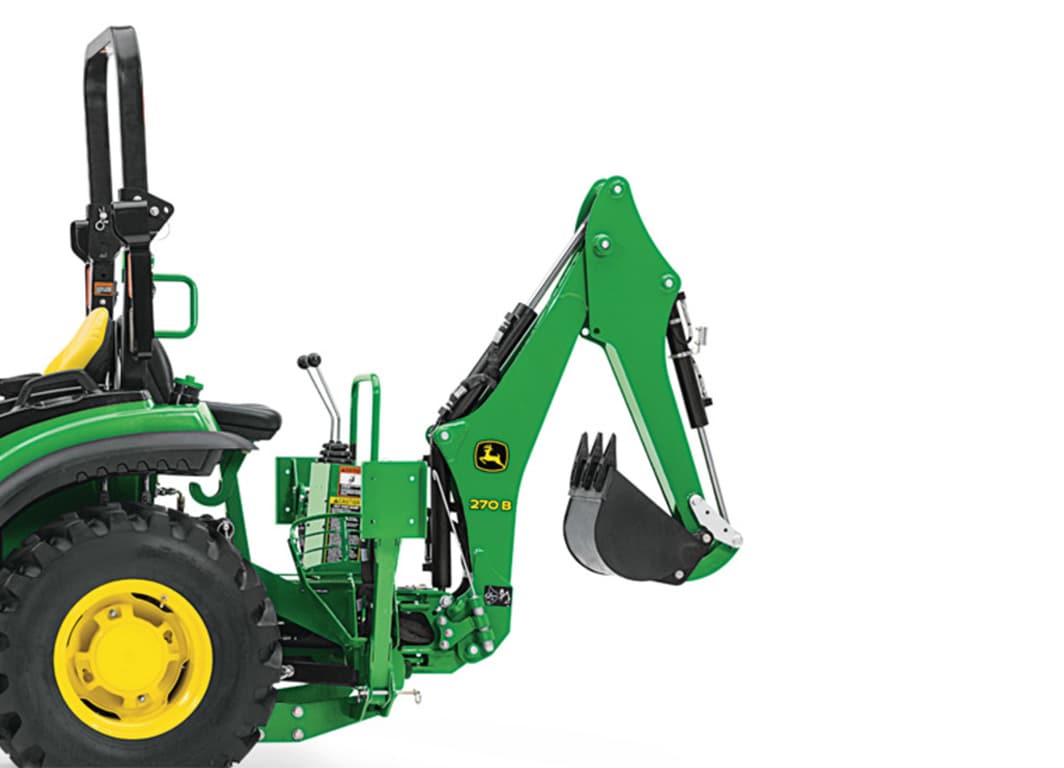 image of a John Deere tractor with a backhoe loader attached