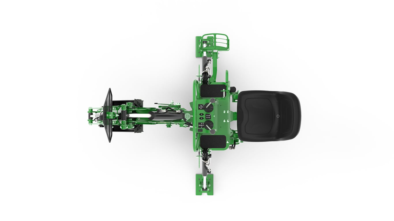 A top-facing studio shot of a BH160 green backhoe implement on a white background.