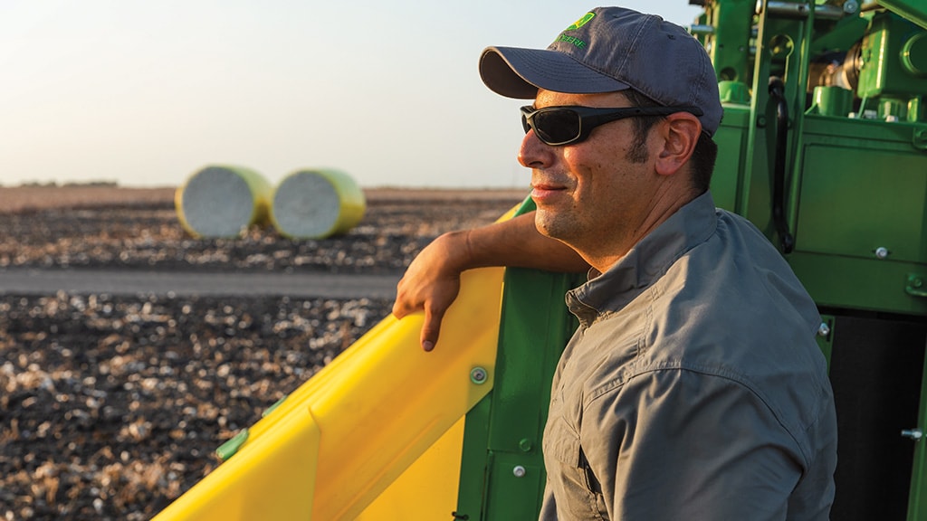 Man looking over cotton field