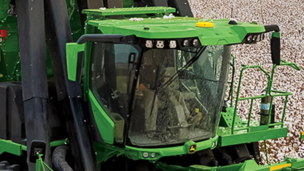 View of the cab on a CP770 cotton harvester.