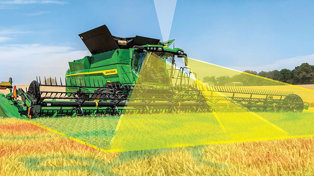 Photo of a John Deere S7 Combine harvesting wheat with a draper head. It also shows graphics that simulate the front, stereo cameras measuring crop height and volume as part of the Predictive Ground Speed Automation technology
