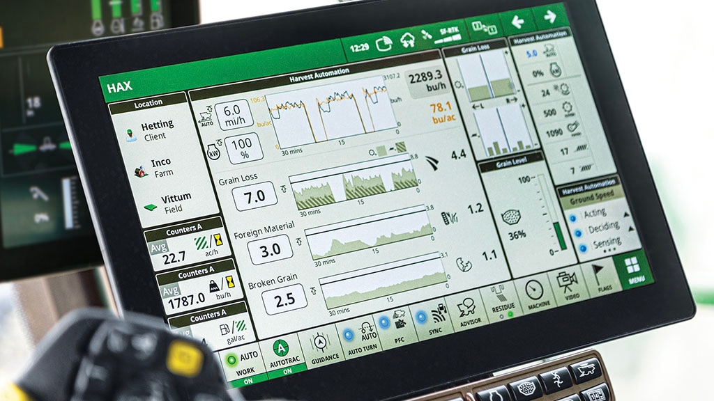 Close-up photo of a G5Plus CommandCenter™ Display, showing the Harvest Settings Automation run page